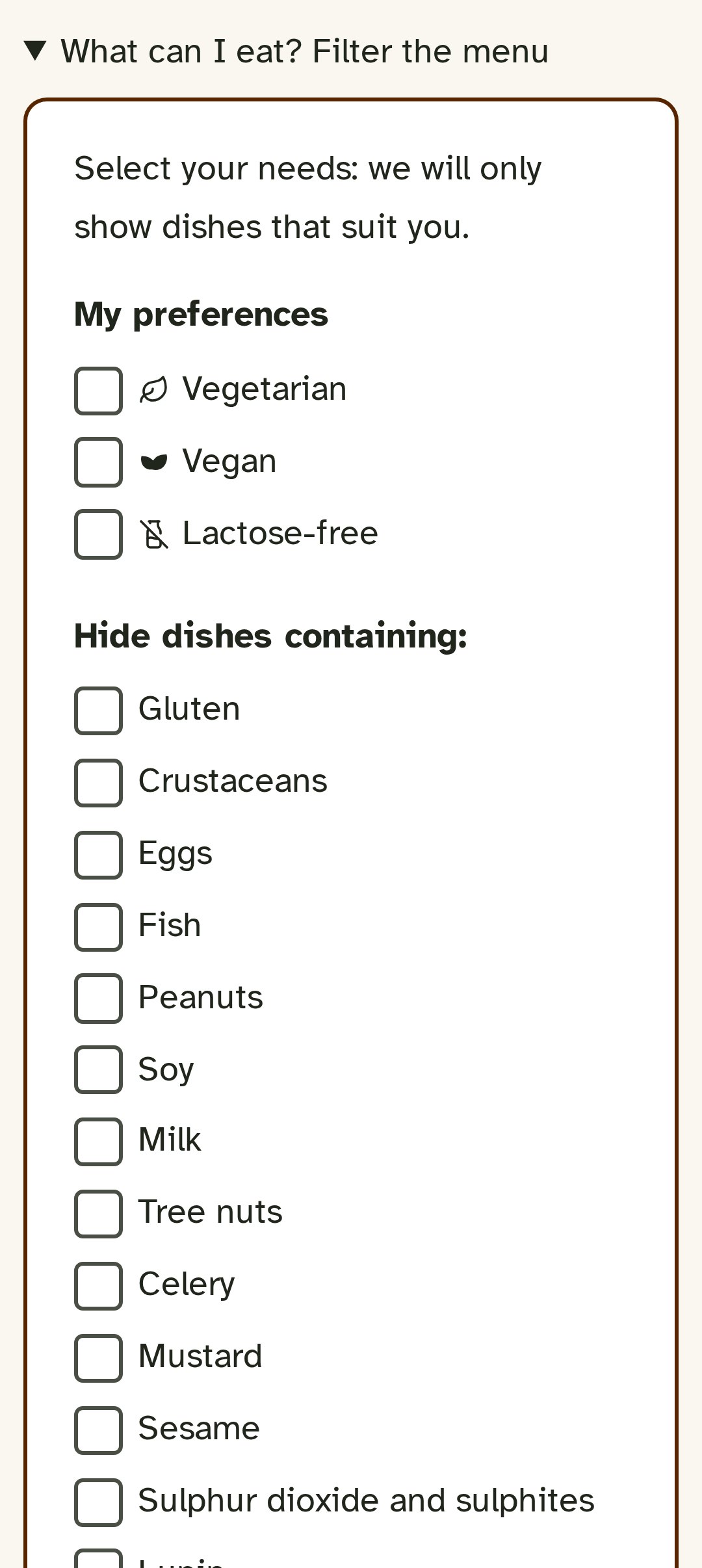 Allergen and dietary preference filter in the digital menu, on a smartphone