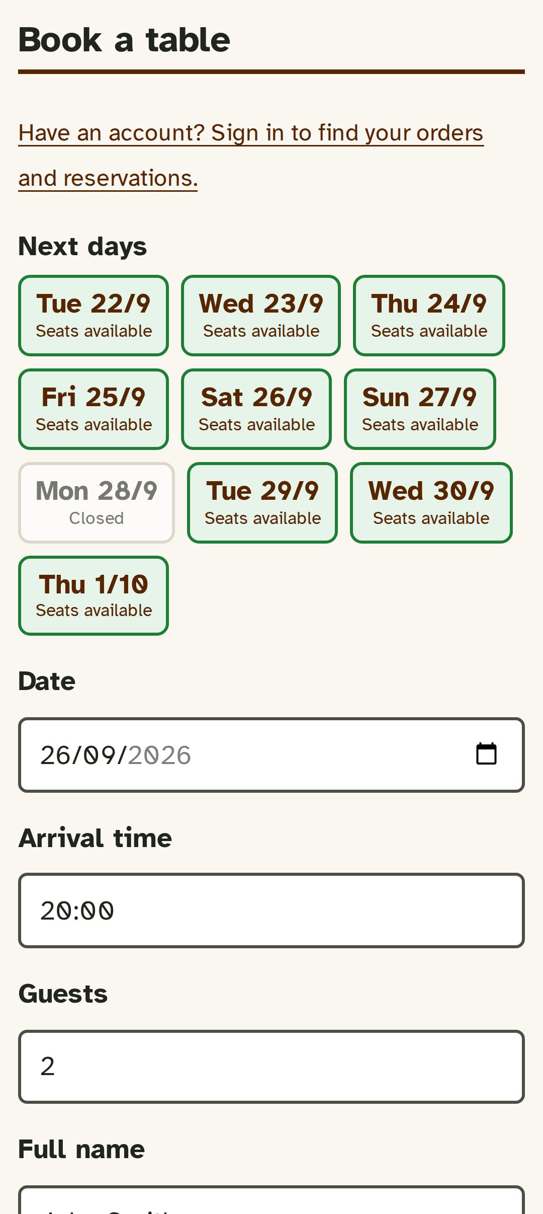 Booking a table from the digital menu, in a few taps
